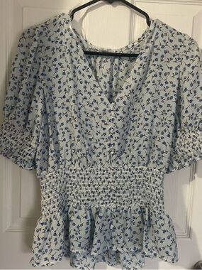 Sienna Sky Light Blue Floral Smocked Peplum Blouse